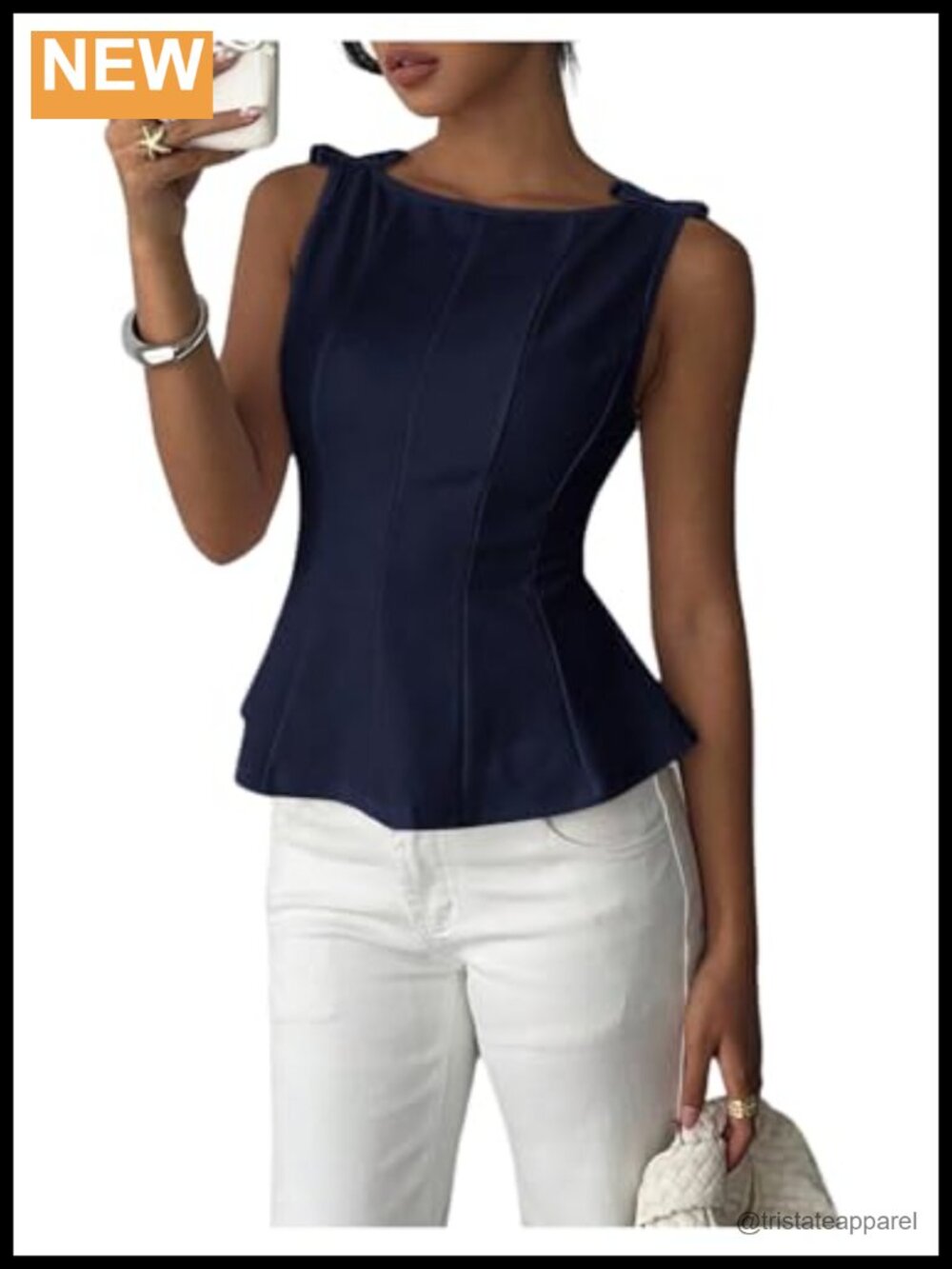 Women's Sleeveless Boat Neck Cinched Waist Tank Top Peplum Blouse